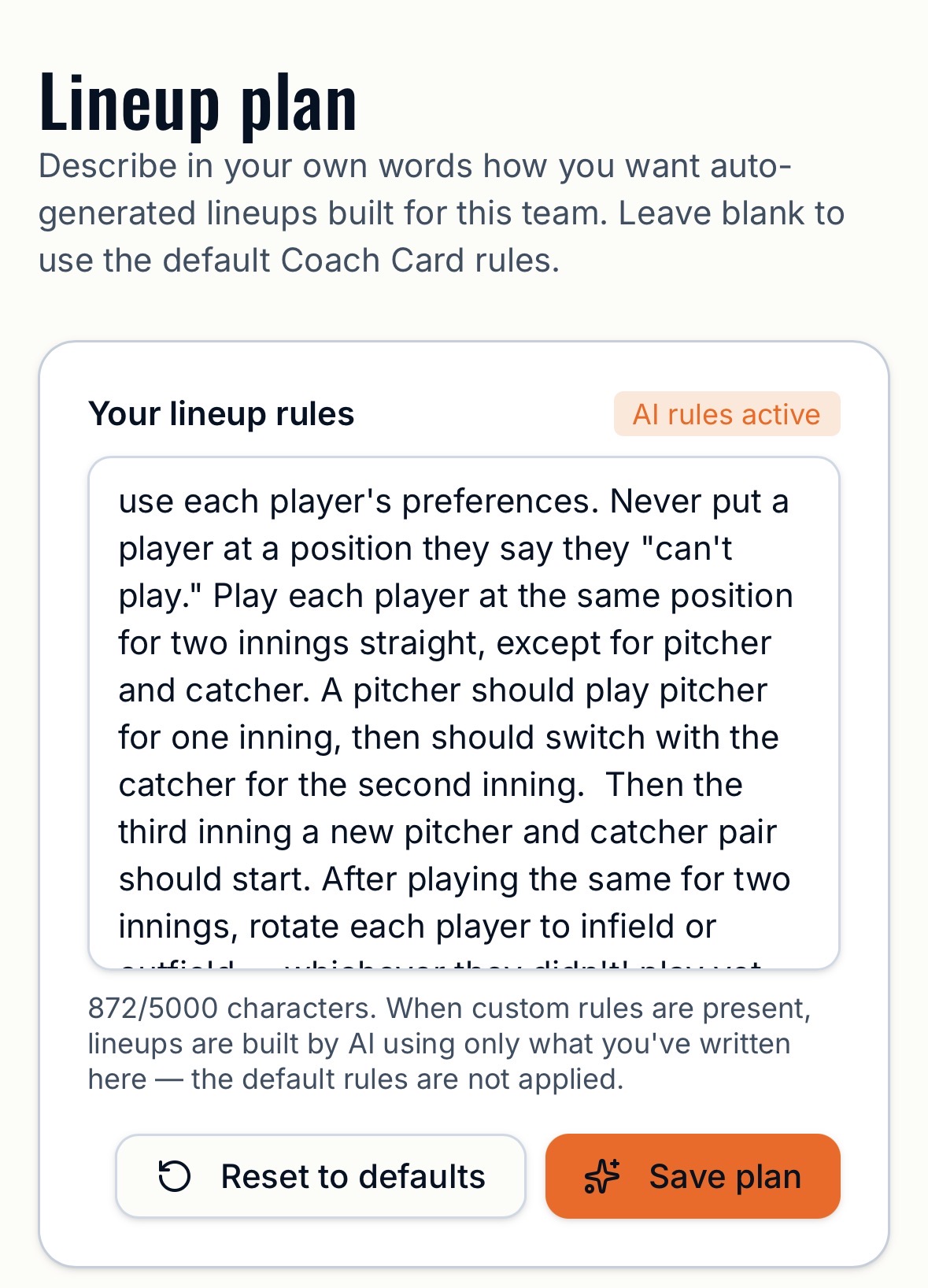 Coach Card lineup plan screen showing a coach's custom rules written in plain English, with an 'AI rules active' badge